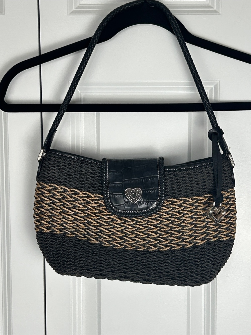Vintage Brighton Woven Straw and Black Shoulder Bag with Heart Charm